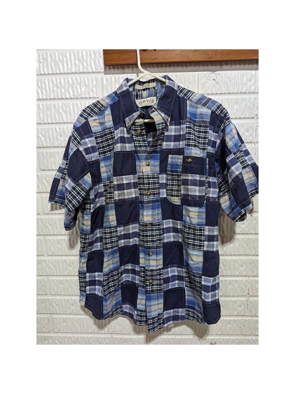 Orvis Men’s Blue Patchwork Button-Down Short Sleeve Cotton Shirt Size Medium